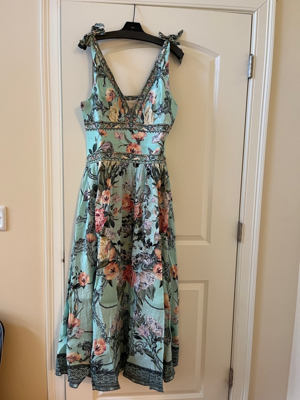 Camilla Aqua Dress with Pink Floral Embellishments